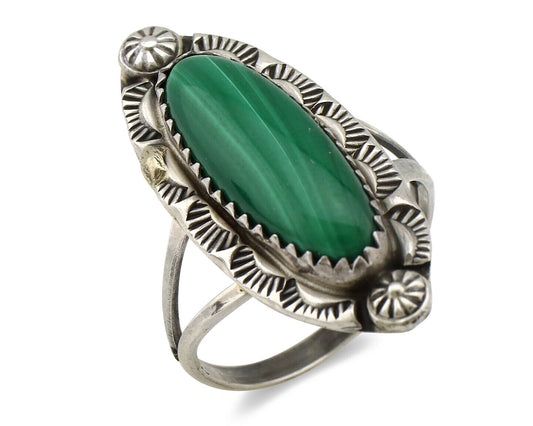 Navajo Ring 925 Silver Natural Malachite Artist Native American Signed H C.80's