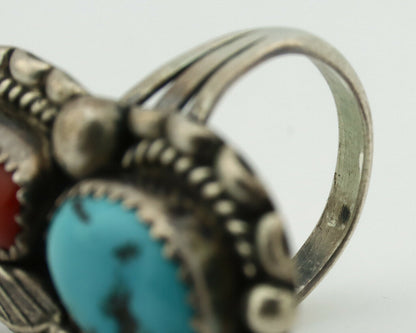 Navajo Ring .925 Silver Turquoise & Coral Artist Thomas Singer C.80's