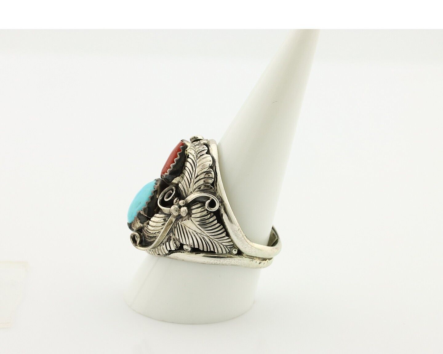 Navajo Ring 925 Silver Blue Turquiose & Mediterranean Coral Native Artist C.80's