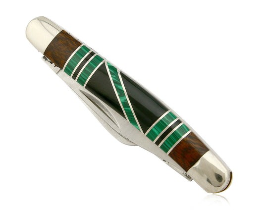 Navajo Pocket Knife Handmade Inlaid Gemstone .925 Silver & SS Circa 80's