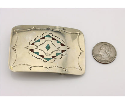 Navajo Belt Buckle .999 Nickel Turquoise & Coral Native American Artist C.1980's