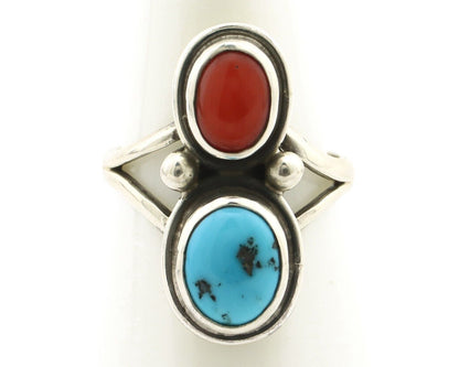 Navajo Inlay Band Ring 925 Silver Turquoise & Coral Native Artist C.80's