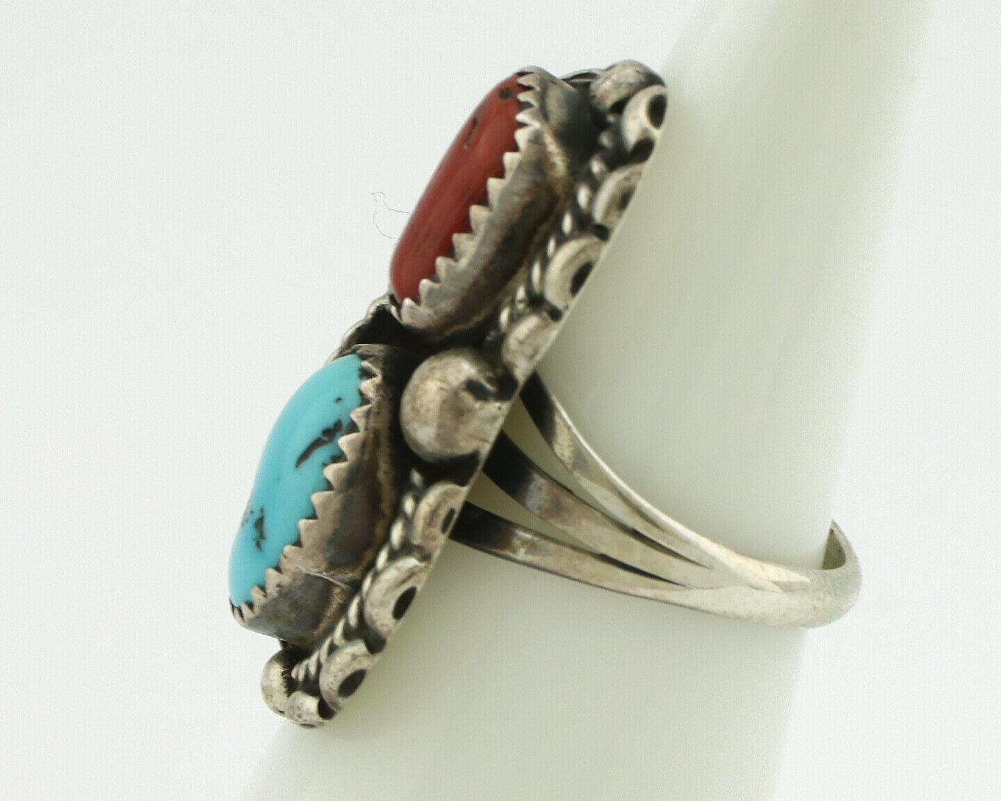 Navajo Ring .925 Silver Turquoise & Coral Artist Thomas Singer C.80's