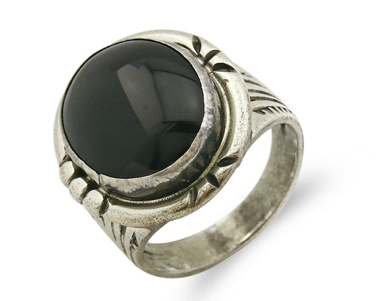 Women's Navajo Ring .925 SOLID Silver Hand Stamped Black Onyx Signed MP