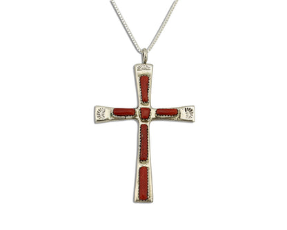 Zuni Handmade Cross Necklace 925 Silver Red Coral Artist Signed WILBUR IULE C80s