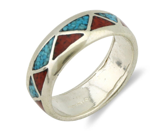 Navajo Ring 925 Silver Natural Turquoise & Coral Native American Artist C.80's