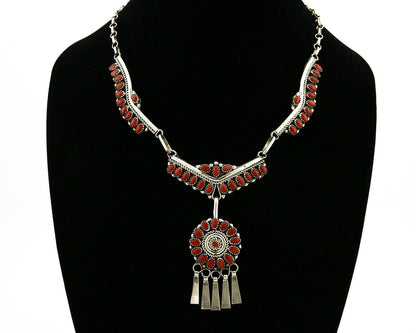 Women's Navajo Necklace .925 Silver Red Coral Handmade Signed NH 19 in Length