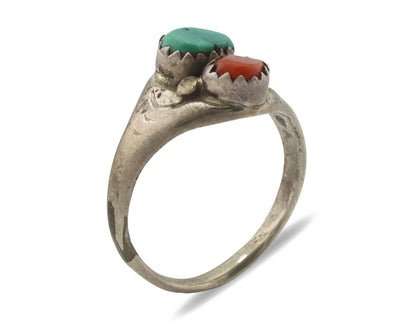 Zuni Ring .925 Silver Natural Turquoise & Coral Native American Artist C.1980's