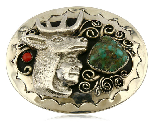 Navajo Belt Buckle .925 Silver & Nickle Gemstones Native American Artist C.80's