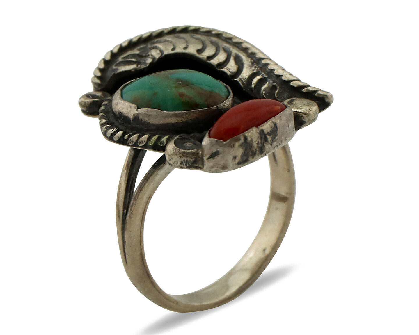 Navajo Ring 925 Silver Turquoise & Coral Handmade Native American Artist C.1980s