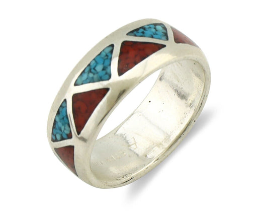 Navajo Ring 925 Silver Natural Turquoise & Coral Native American Artist C.80's