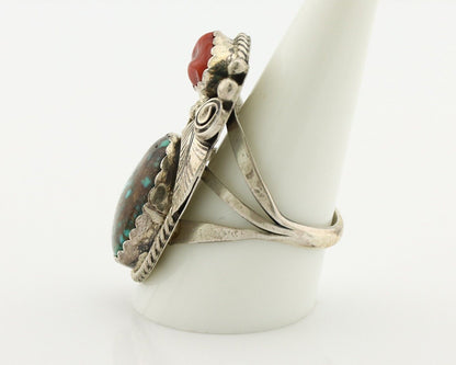 Navajo Ring 925 Silver Blue Turquiose & Coral Artist Signed Justin Morris C.80's