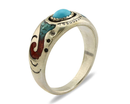 Navajo Handmade Ring 925 Silver Blue Turquoise & Coral Native American C.80's