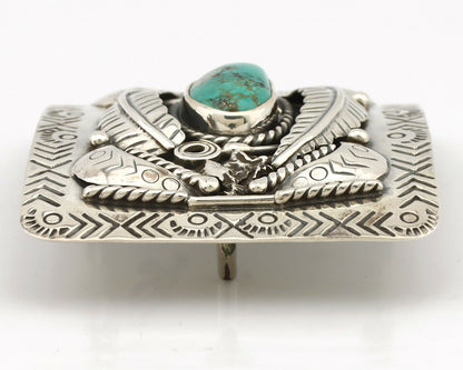Navajo Belt Buckle .925 Silver Natural Mined Turquoise Artist Signed C.1980's