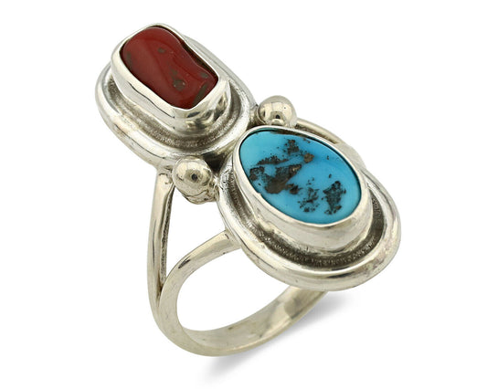 Navajo Ring .925 Silver Blue Turquoise & Red Coral Native American Artist C.80's