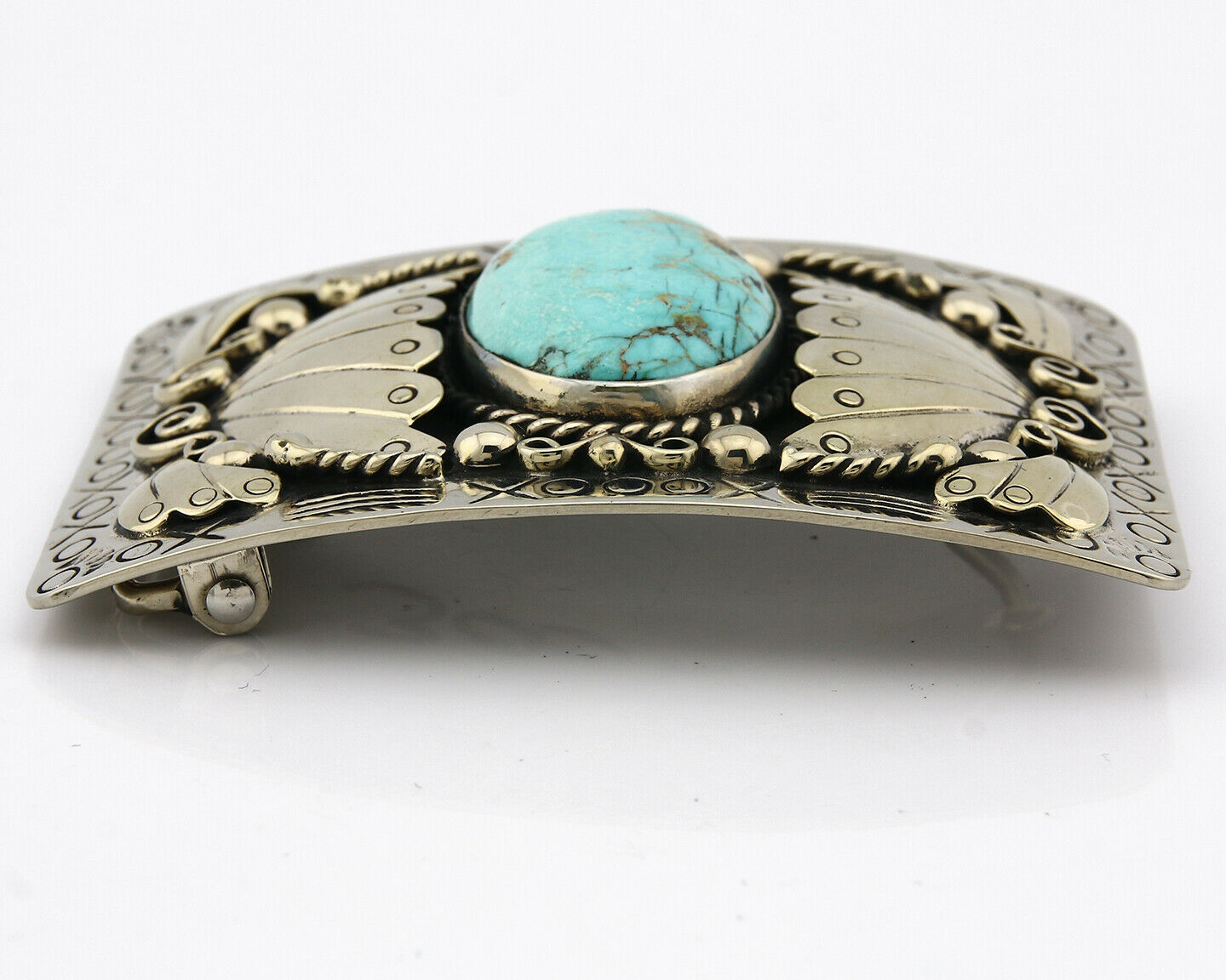 Navajo Belt Buckle .999 Nickle Silver Morenci Turquoise Native Artist C.80's