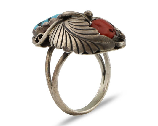Navajo Handmade Ring 925 Silver Turquiose & Coral Artist Signed E C.80's