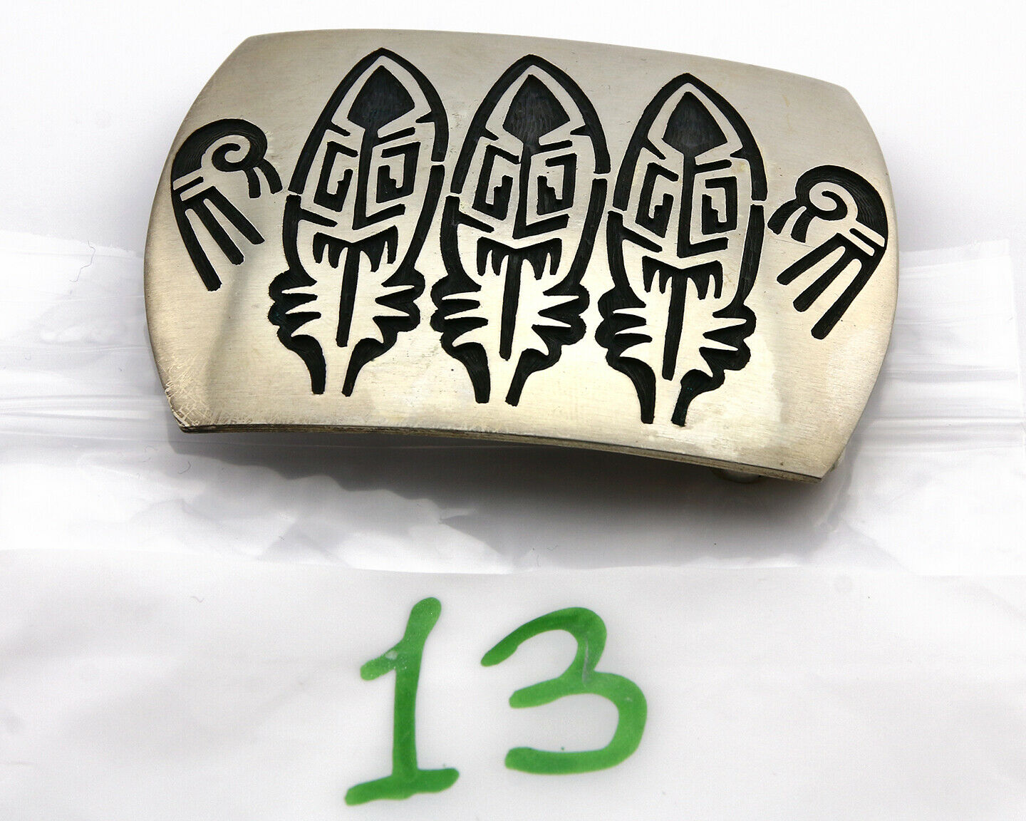 Navajo Sand Cast Belt Buckle .925 Silver Hand Stamped Artist Signed AA C.80's