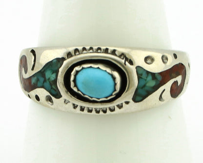 Navajo Handmade Ring 925 Silver Blue Turquoise & Coral Native American C.80's