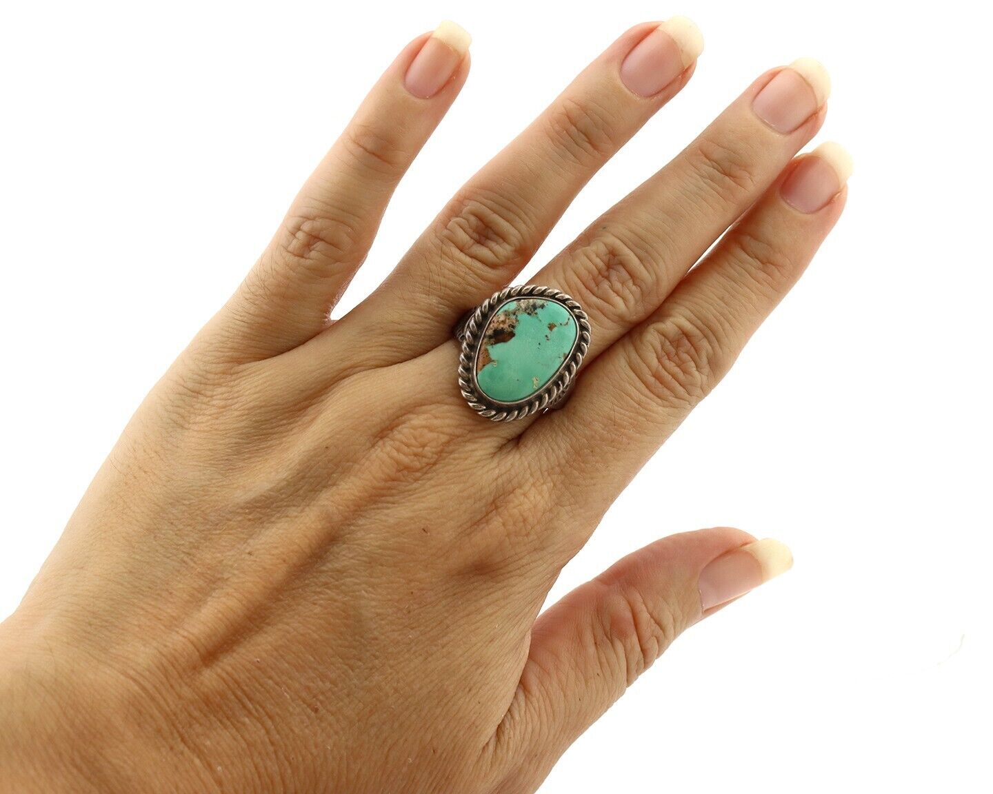 Navajo Handmade Ring 925 Silver Globe Turquoise Signed Native Artist C.80's