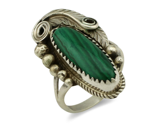 Navajo Ring 925 Silver Natural Green Malachite Signed Justin Morris C.80's