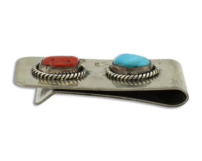 Navajo Money Clip 925 Silver & 999 Nickel Natural Turquoise & Coral Artist C80