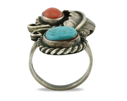 Navajo Ring .925 Silver Turquoise & Coral Native American Artist C.1975's