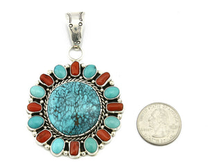 Navajo Pendant .925 Silver Natural Turquoise & Coral Signed Artist BP C.80's