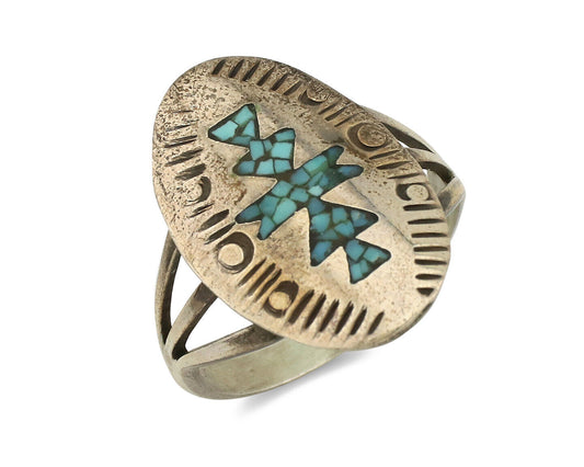 Navajo Ring 925 Silver Chip Inlay Turquoise Artist Signed NAKAI C.80's