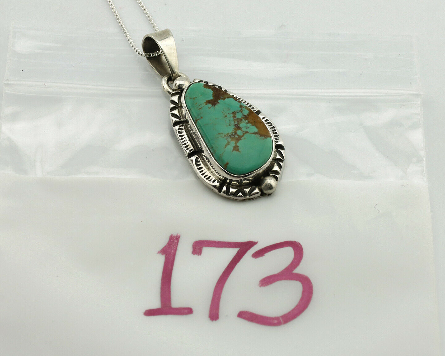 Navajo Necklace .925 Silver Kingman Turquoise Signed Tepee C.1980's