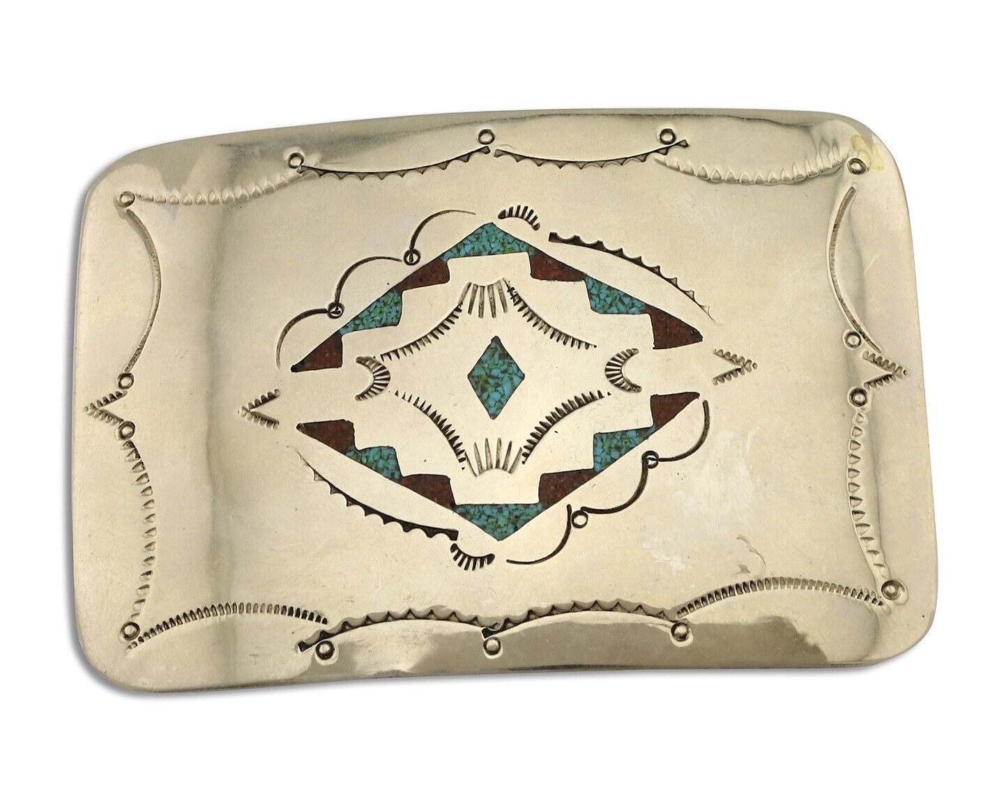 Navajo Belt Buckle .999 Nickel Turquoise & Coral Native American Artist C.1980's