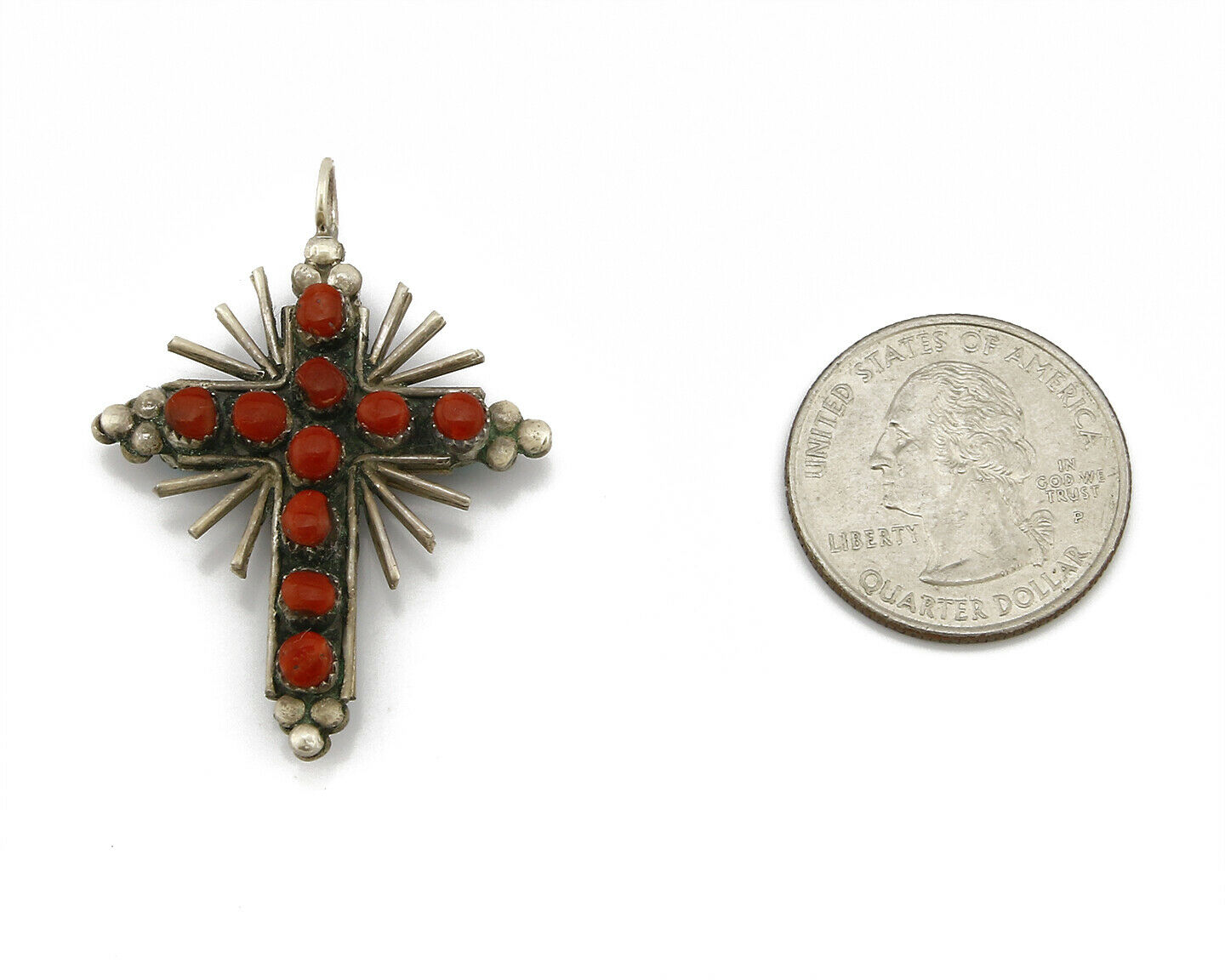 Zuni REAL Turquoise and Coral Reversible 925 Silver Handmade Cross Pendant