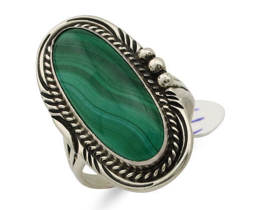 Navajo Ring .925 Silver Malachite Hand Stamped Signed William Denetdale C.80's
