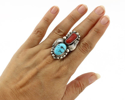 Navajo Ring 925 Silver Blue Turquoise & Coral Signed Stanley Bain C.80's