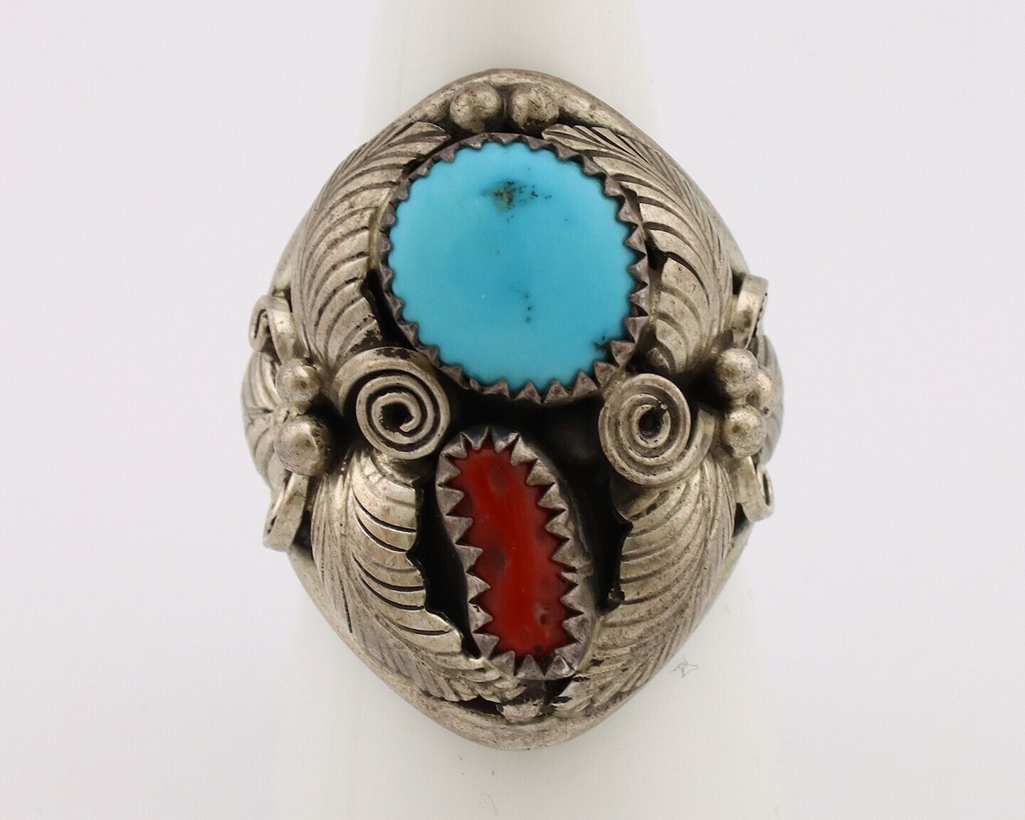 Navajo Ring 925 Silver Blue Turquiose & Mediterranean Coral Native Artist C.80's