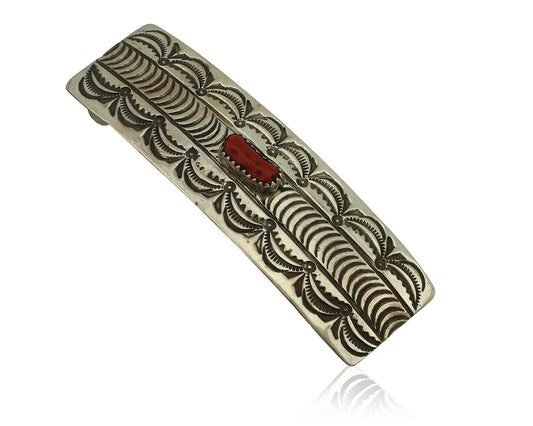Women's Navajo Hair Clip .925 Silver Inlaid Red Coral Native American Artist 80s