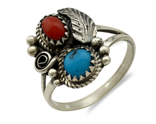 Navajo Ring .925 Silver Morenci Turquoise & Coral Native Artist Signed JM C.80's