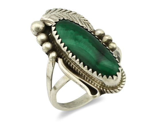 Navajo Ring 925 Silver Natural Green Malachite Signed Justin Morris C.80's