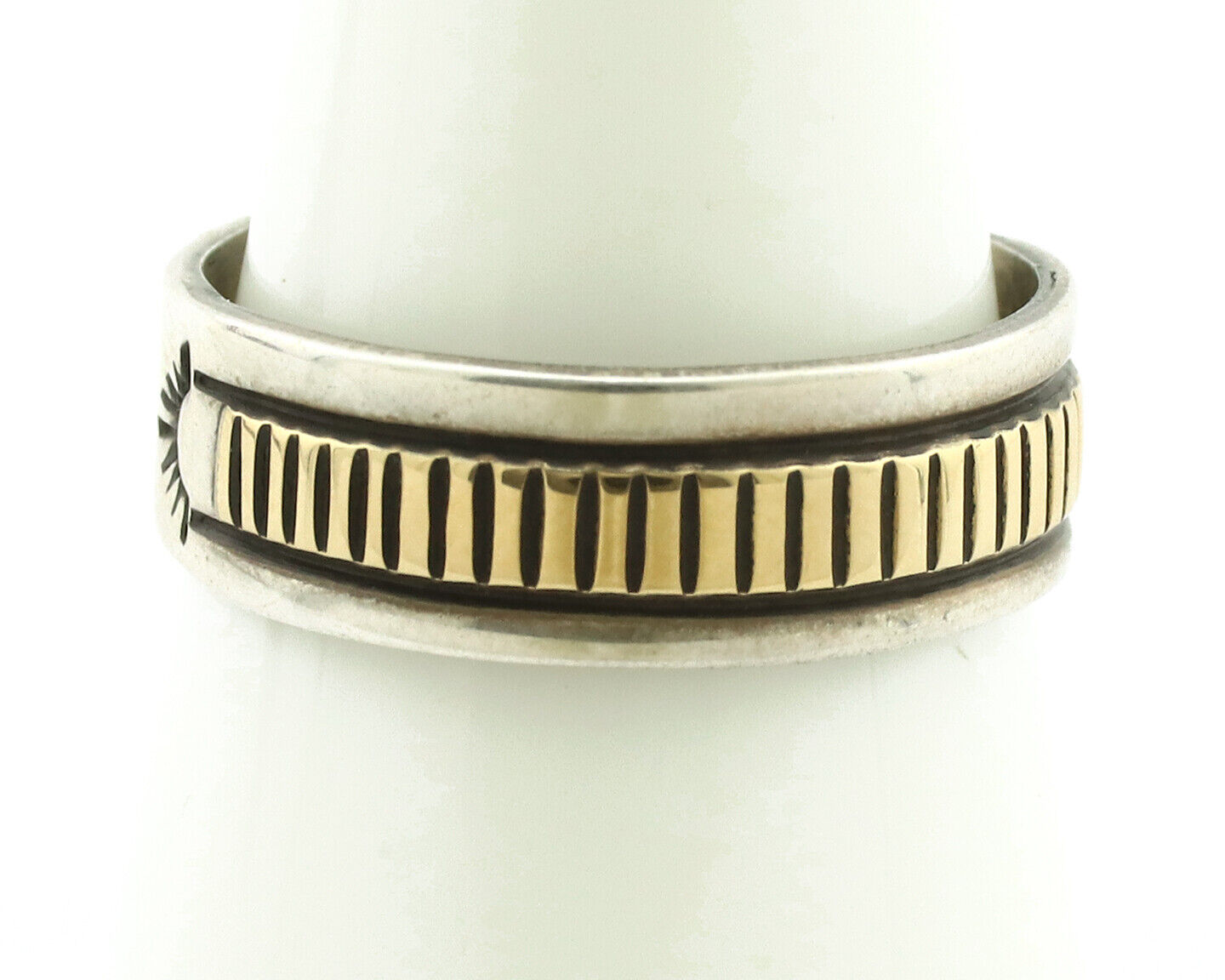 Navajo Ring 925 Silver & Solid 14k Yellow Gold Artist Signed E Hand Stamped C80s