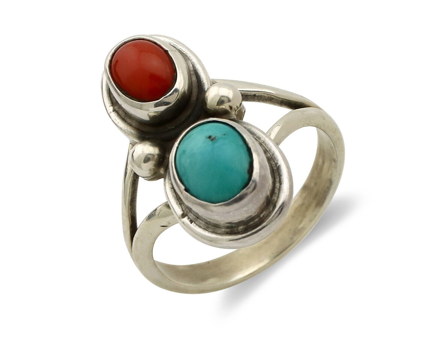 Navajo Handmade Ring 925 Silver Coral & Turquoise Native American Artist C.80's