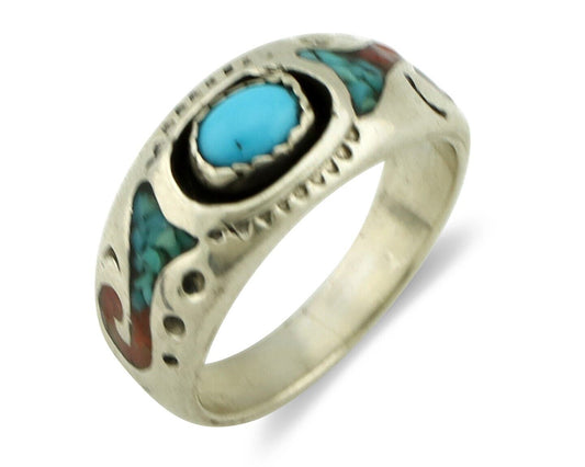 Navajo Handmade Ring 925 Silver Blue Turquoise & Coral Native American C.80's