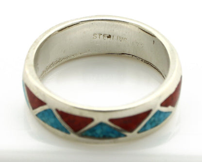 Navajo Chip Inlay Ring 925 Silver Sleeping Beauty Turquoise & Coral Silver Cloud