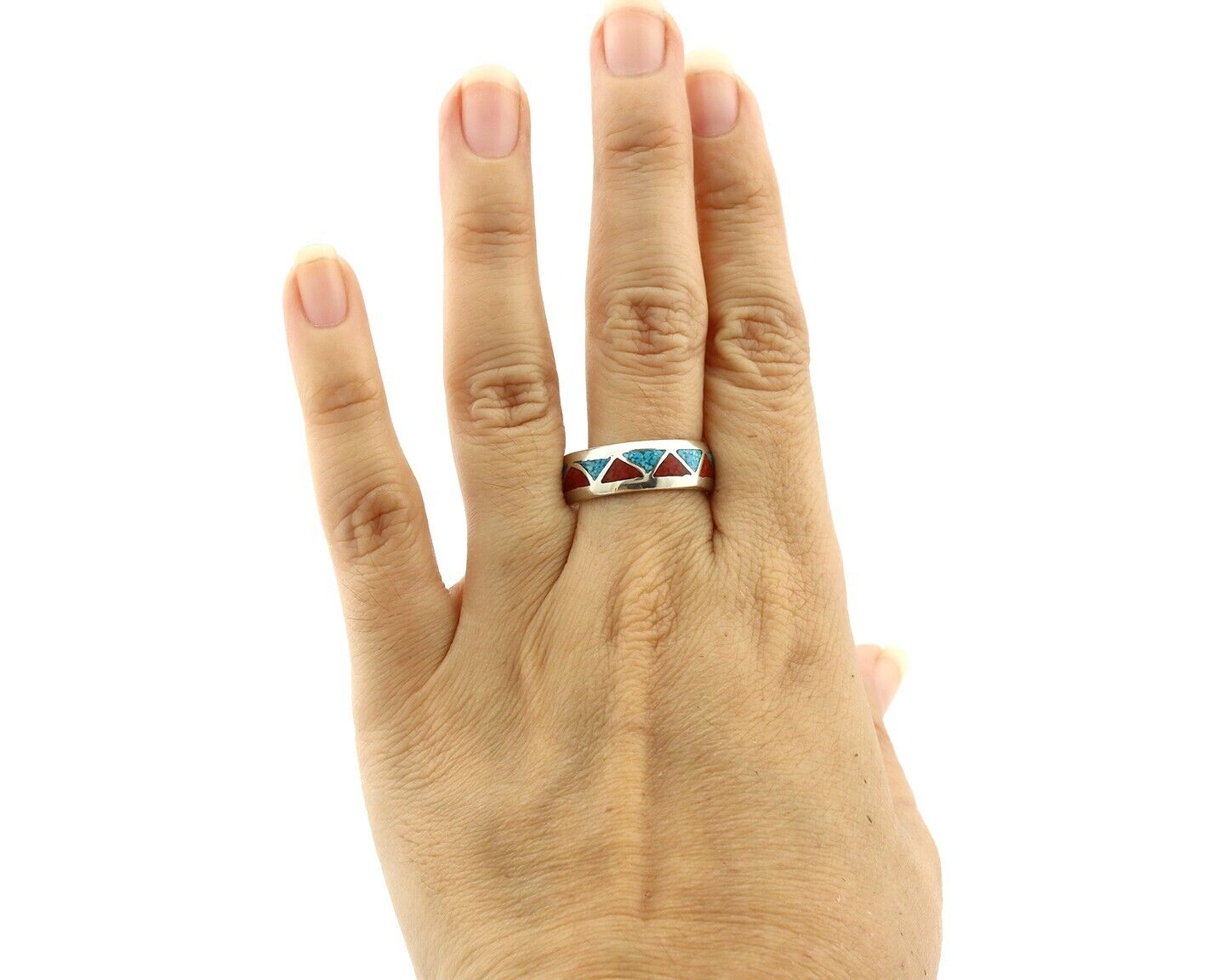 Navajo Chip Inlay Ring 925 Silver Sleeping Beauty Turquoise & Coral Silver Cloud