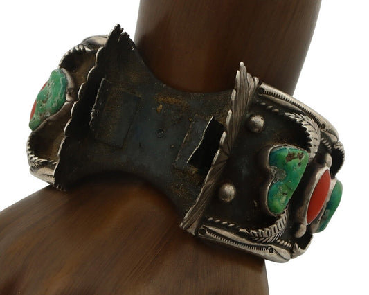Navajo Cuff Watch Bracelet 925 Silver Green Turquoise Coral Native American C70s