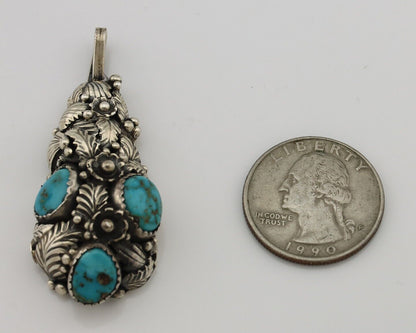 Navajo Pendant 925 Silver Natural Mined High Grade Turquoise Signed Tom Willeto