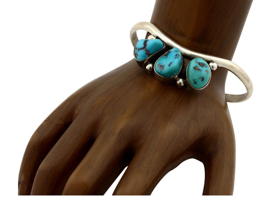 Navajo Bracelet 925 Silver Blue Kingman Turquoise Artist Signed E SANDAVOL C80s