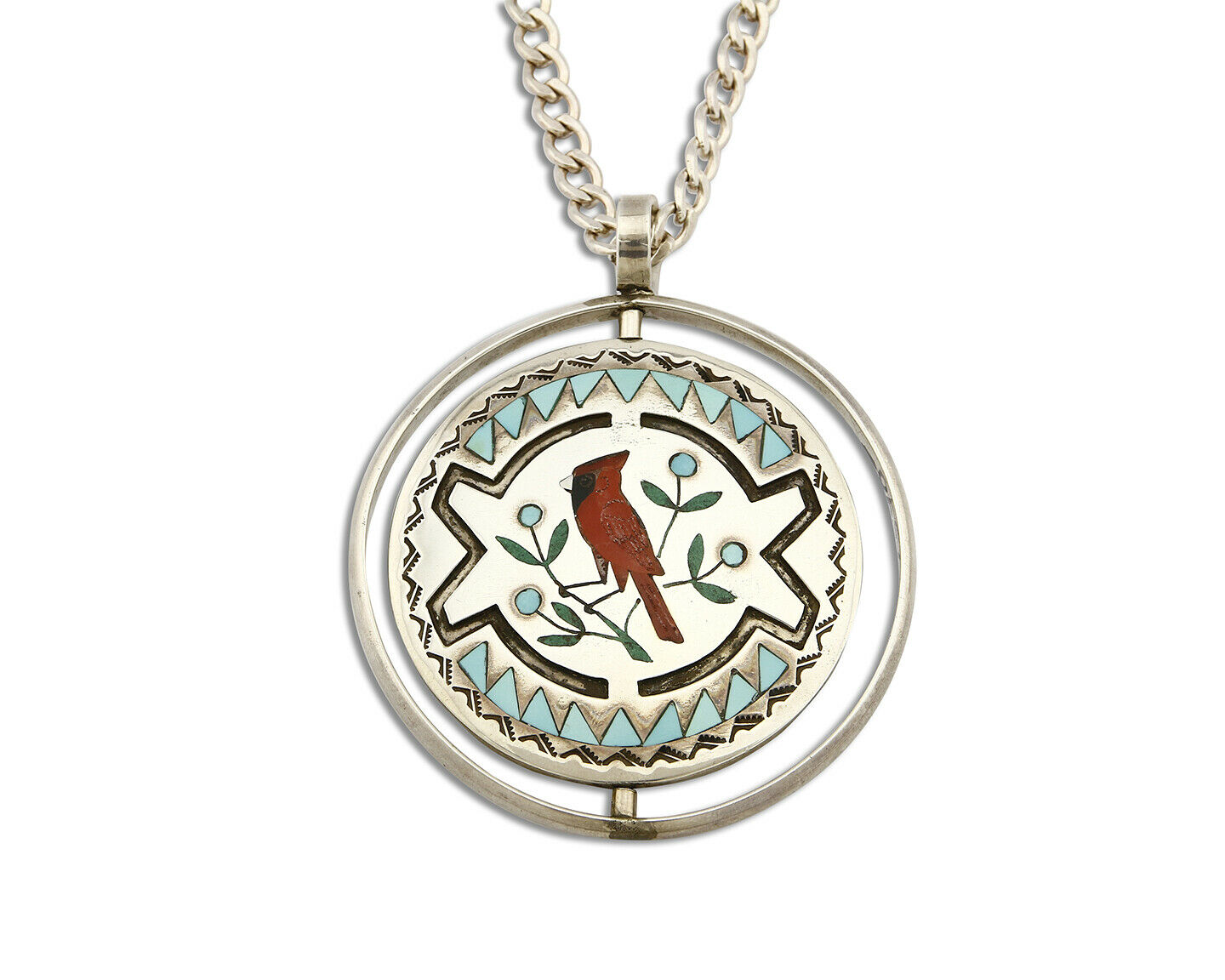 Zuni Bird Spinner Necklace .925 Silver Inlaid Signed Ghahate
