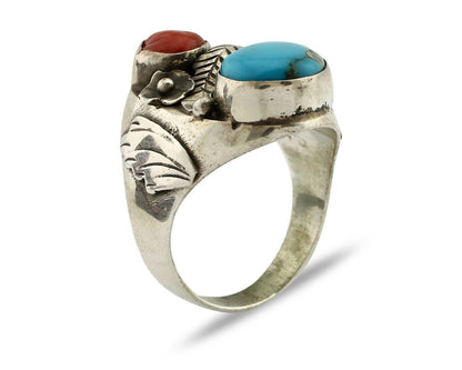 Navajo Ring 925 Silver Blue Turquiose & Mediterranean Coral Native Artist C.80's