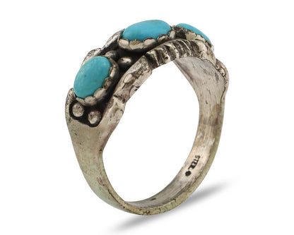 Navajo Ring .925 Silver Natural Blue Turquoise Artist Signed Sun Bell C.80's