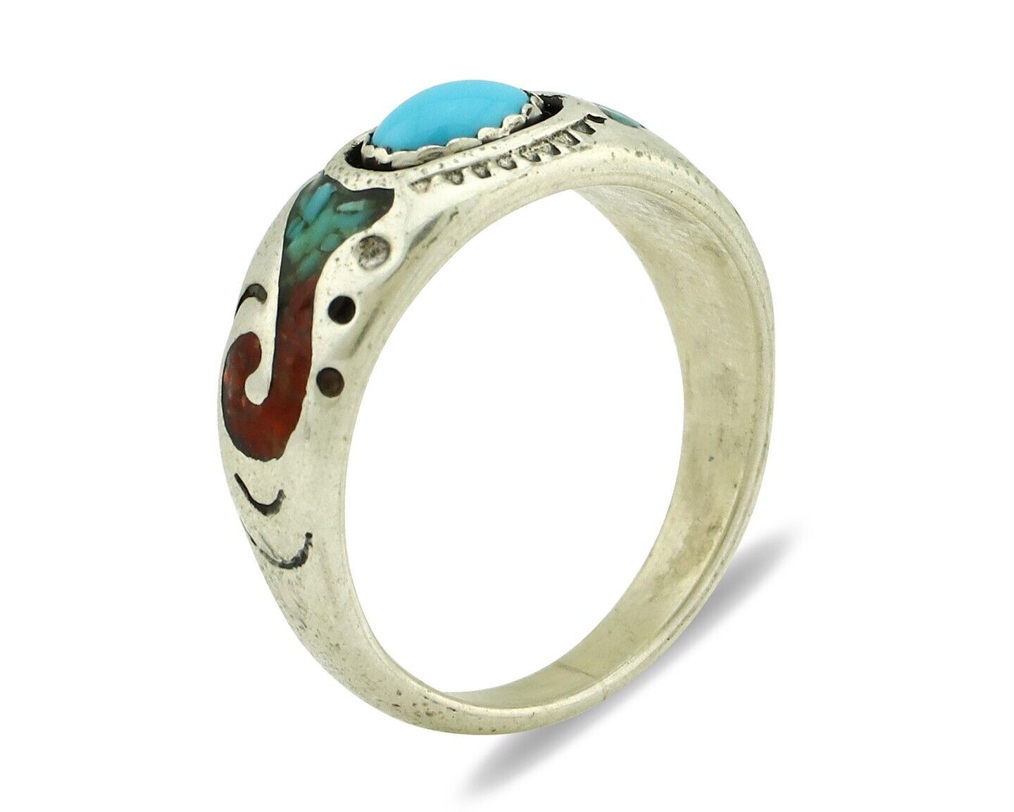 Navajo Handmade Ring 925 Silver Blue Turquoise & Coral Native American C.80's